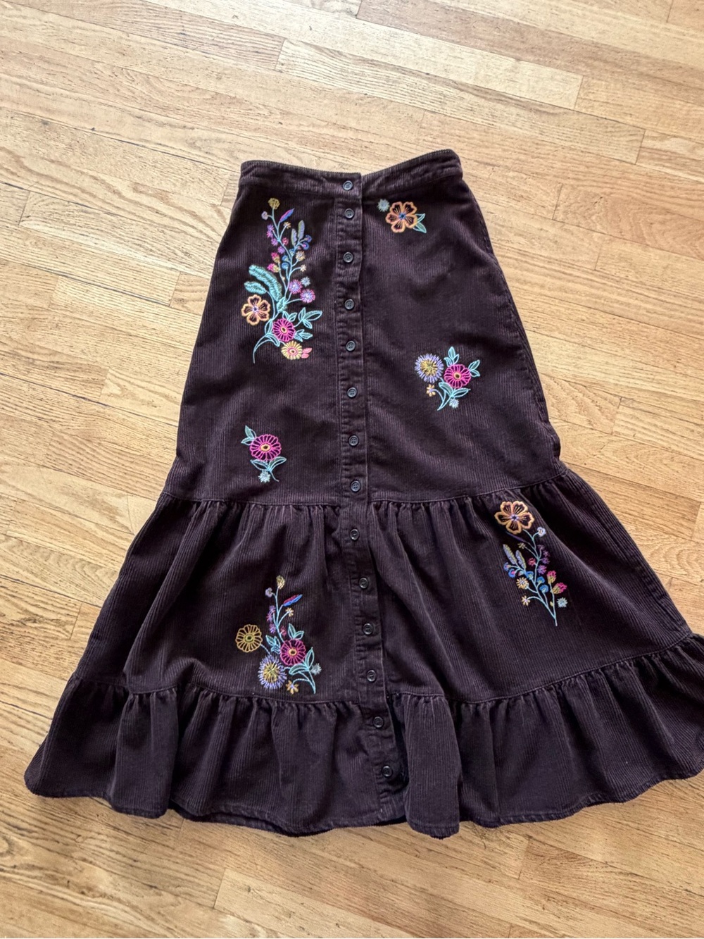 Natural Life Free Fallin’ Brown Corduroy Embroidered Maxi Skirt XS